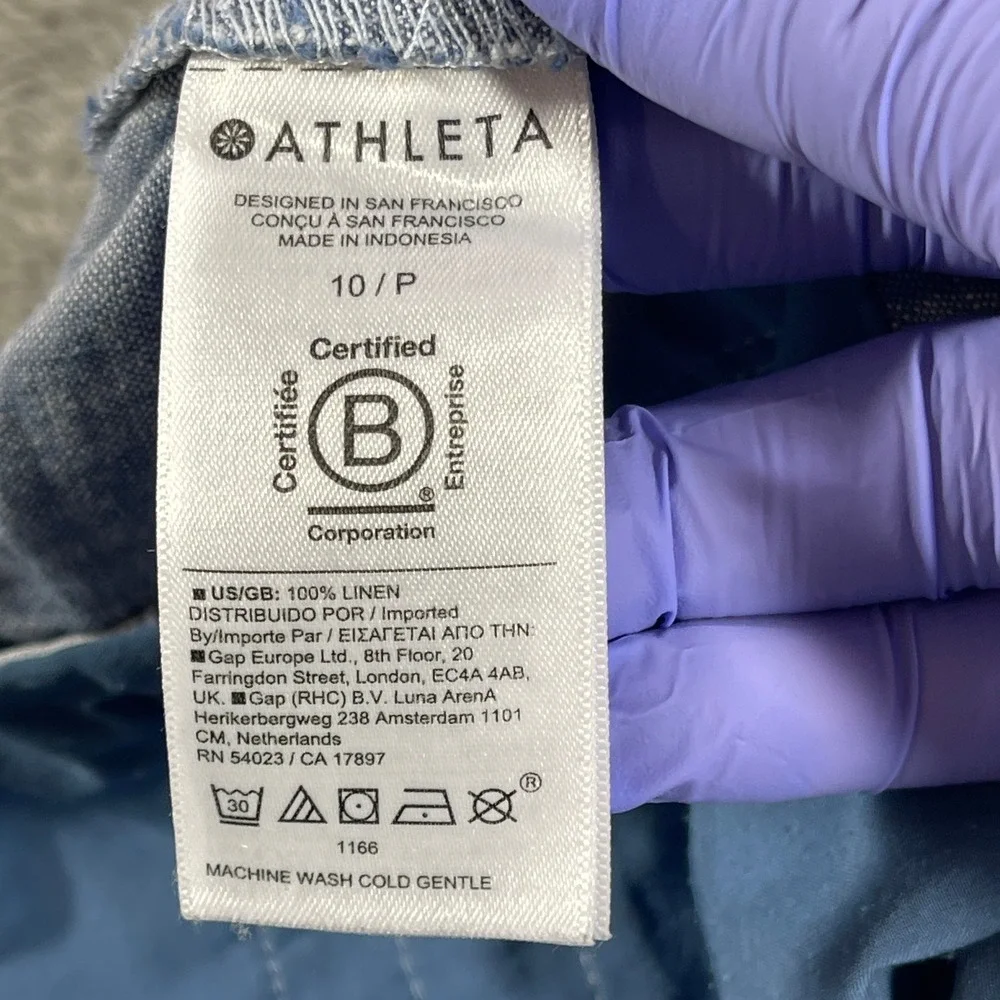 Athleta Pants Women 10P Blue Linen Wide Leg Drawstring Elastic Waist Petite